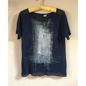 Vex Collection Womes Small Abstract Print Knit Top Short Sleeve Navy Blue Casual